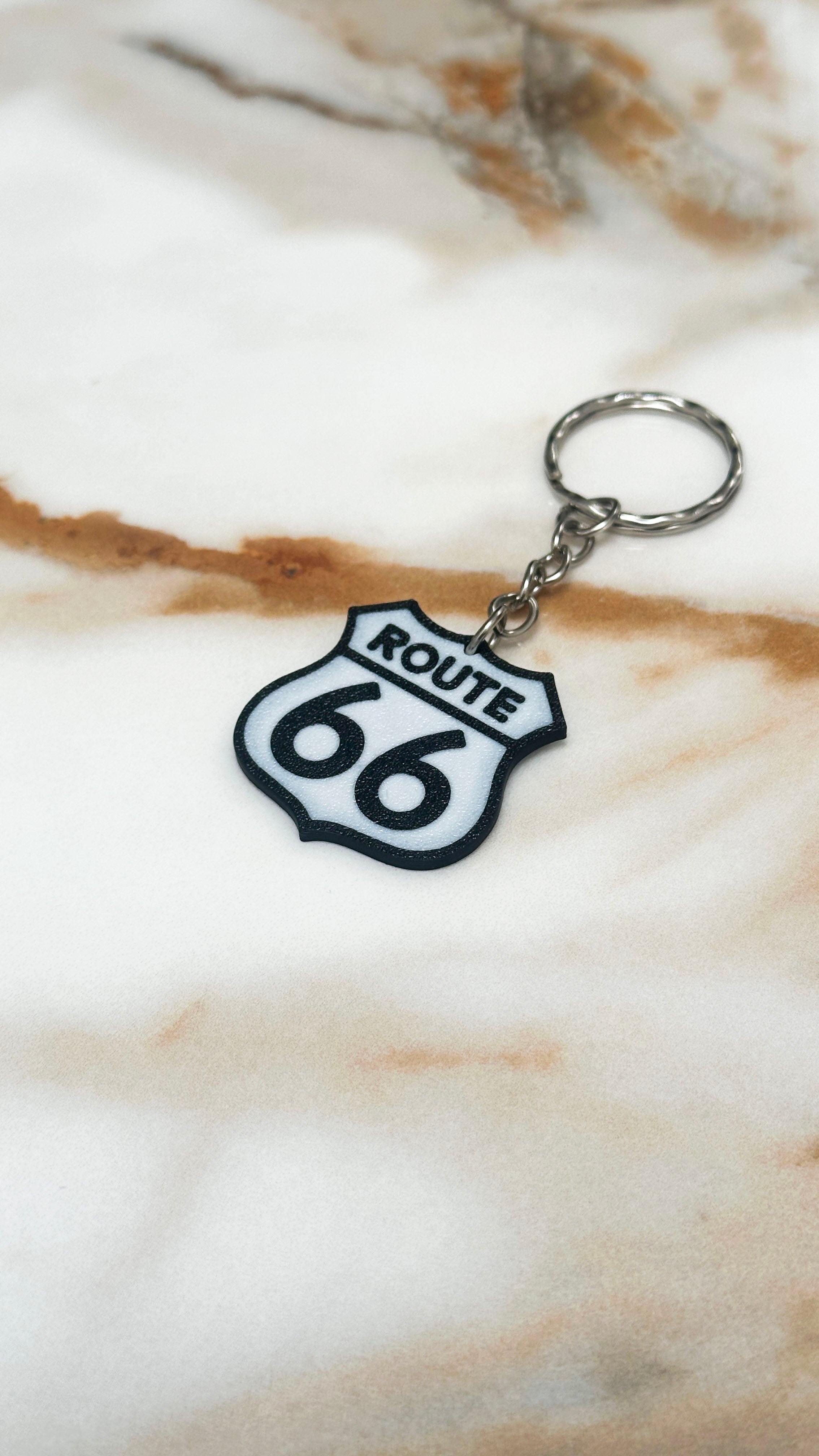 Route 66 Keychain | Classic Road Sign Keyring | Asphalt Texture Highway Shield | Road Trip Gift | USA Travel Souvenir
