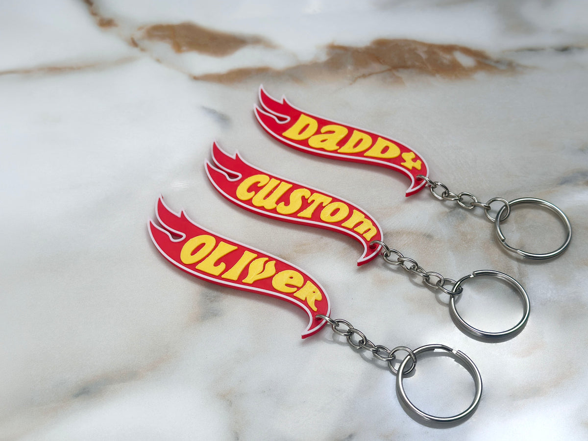 Personalised Flame Logo Keyring | Custom Name Keychain | Hot Wheels Style | Gift for Him Kids Boys | Birthday Christmas | Bag Charm