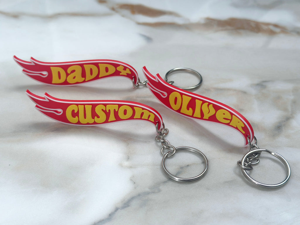 Personalised Flame Logo Keyring | Custom Name Keychain | Hot Wheels Style | Gift for Him Kids Boys | Birthday Christmas | Bag Charm