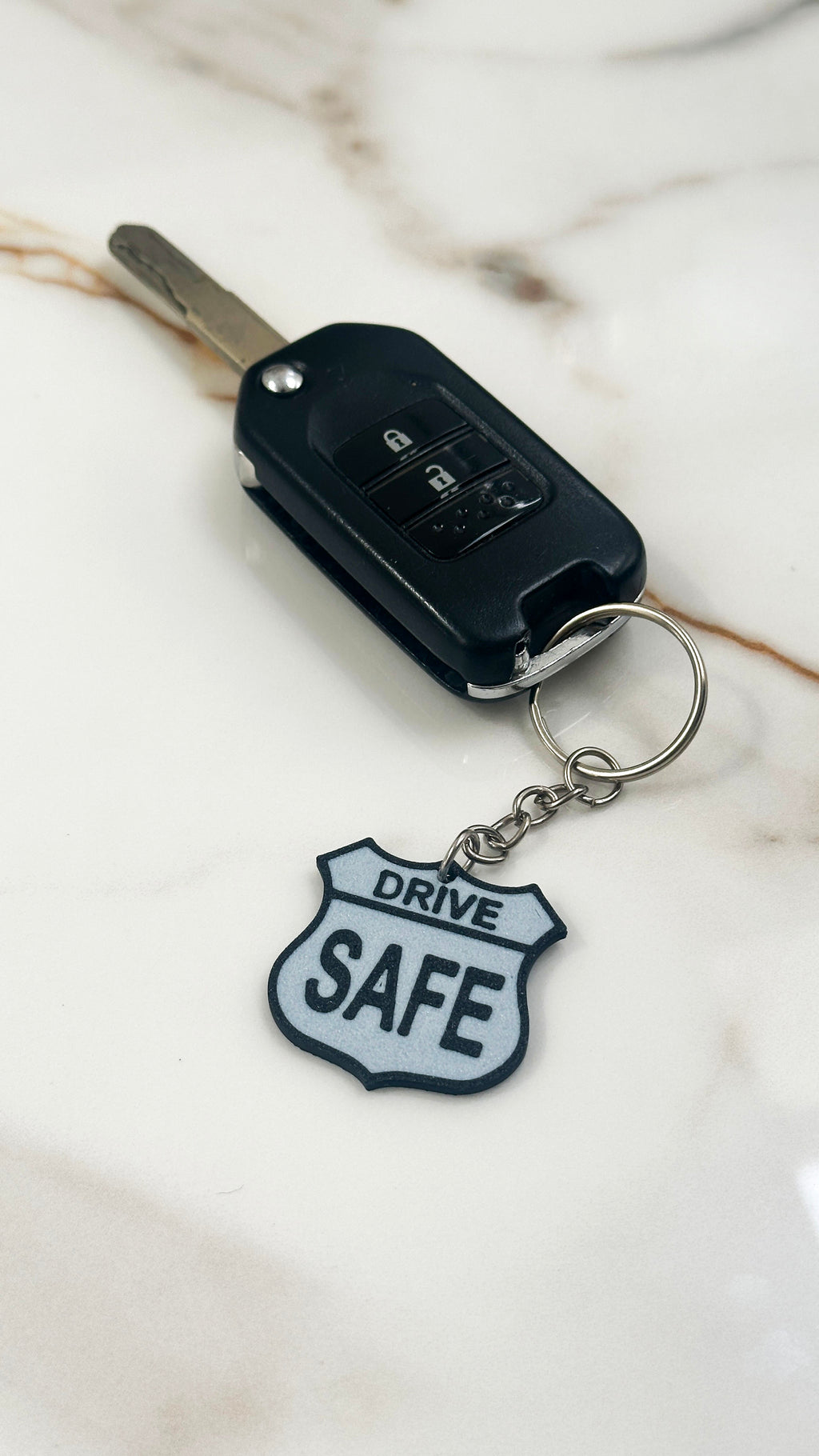 Drive Safe Keychain | Road Sign Style Keyring | Highway Shield Design | Gift for New Drivers | Safe Travels Gift
