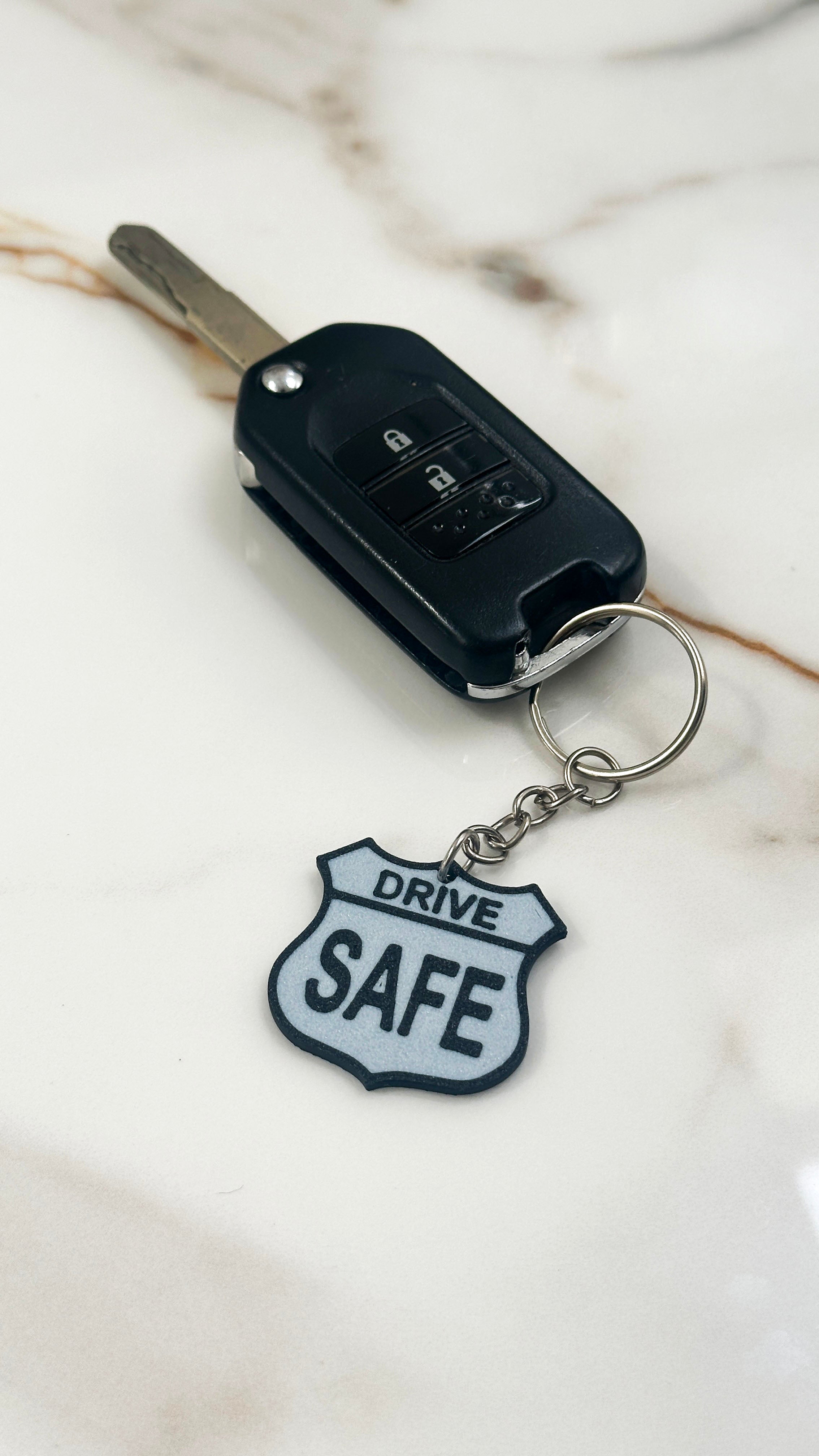 Drive Safe Keychain | Road Sign Style Keyring | Highway Shield Design | Gift for New Drivers | Safe Travels Gift