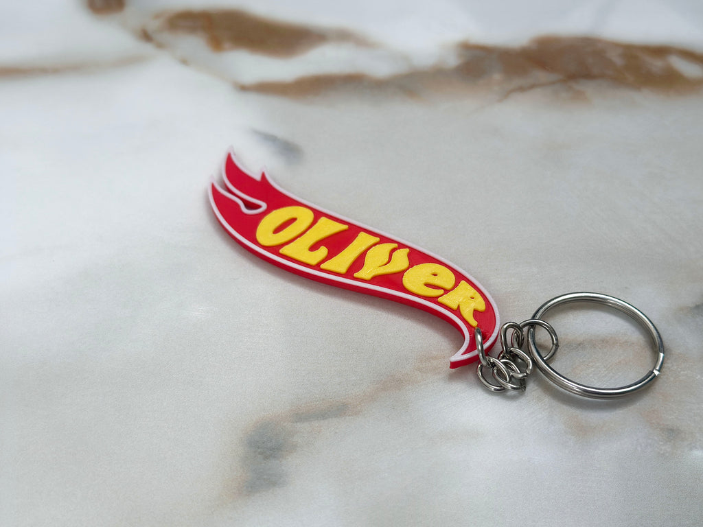 Personalised Flame Logo Keyring | Custom Name Keychain | Hot Wheels Style | Gift for Him Kids Boys | Birthday Christmas | Bag Charm